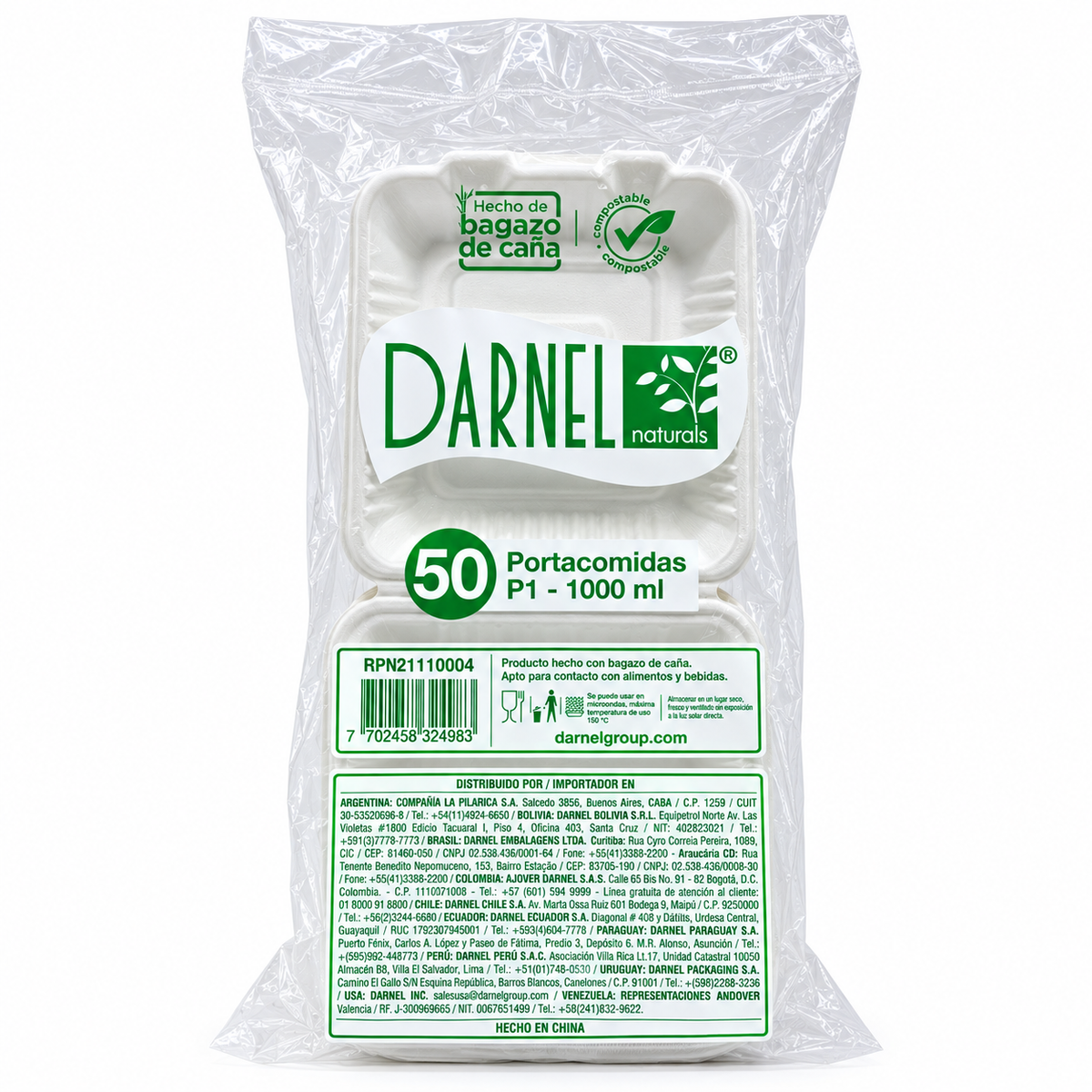 Portacomida Bagazo de Caña Darnel P1-1000ml Paquete 50 und