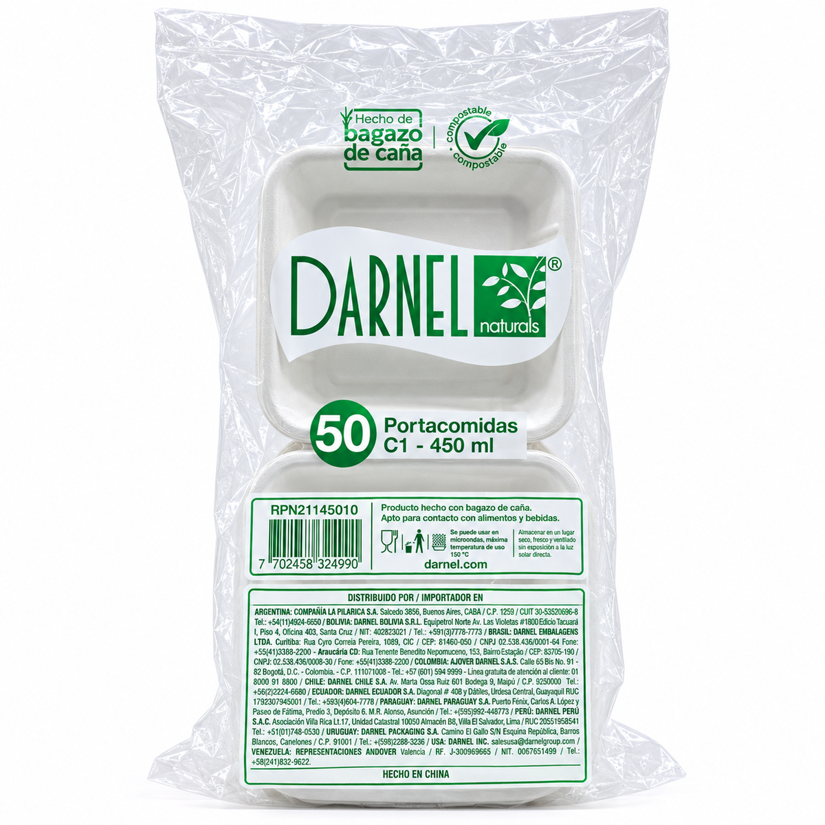 Portacomida Bagazo de Caña Darnel Ct4 C1-450ml Paquete 50 und