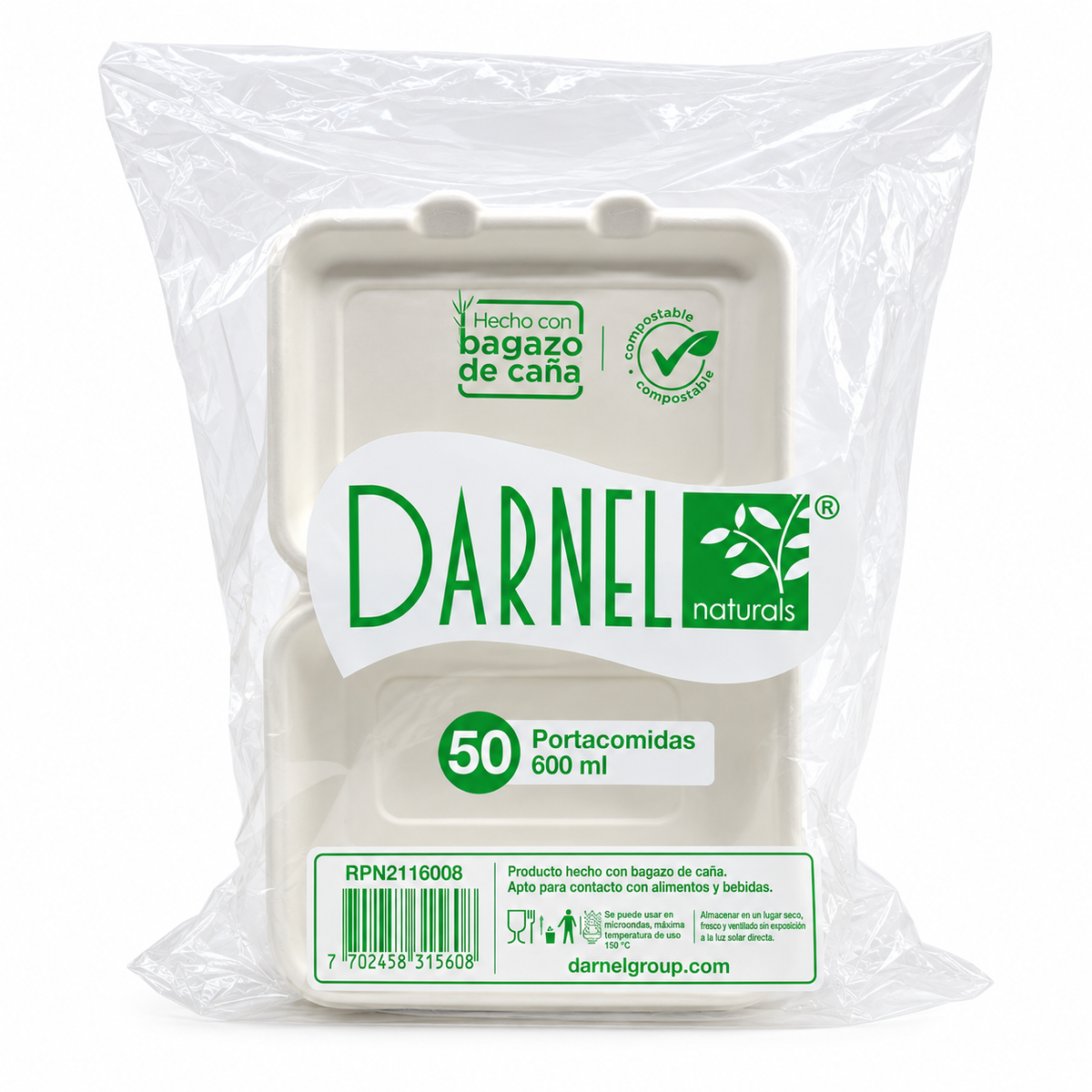Portacomida Bagazo de Caña Darnel 600ml Paquete 50 und