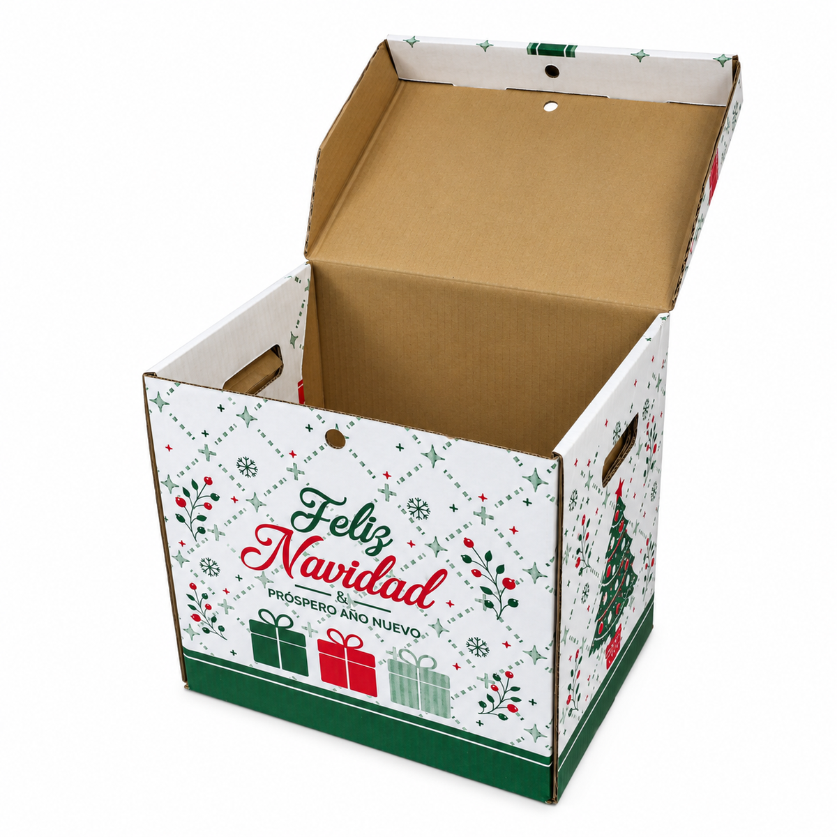 Caja Navideña de Cartón con Tapa y Asas Blanco